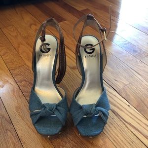Denim and wood print Guess heels